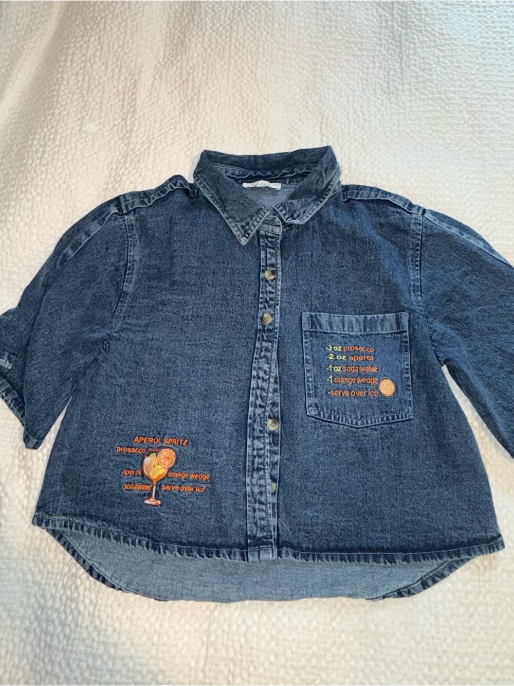 Denim Button-Up Shirt with Orange Embroidery